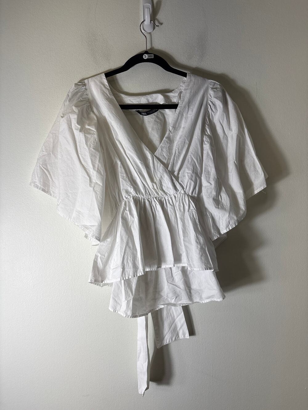 Zara Crisp White Bat Wing Sleeve Cotton Wrap Top Sz M